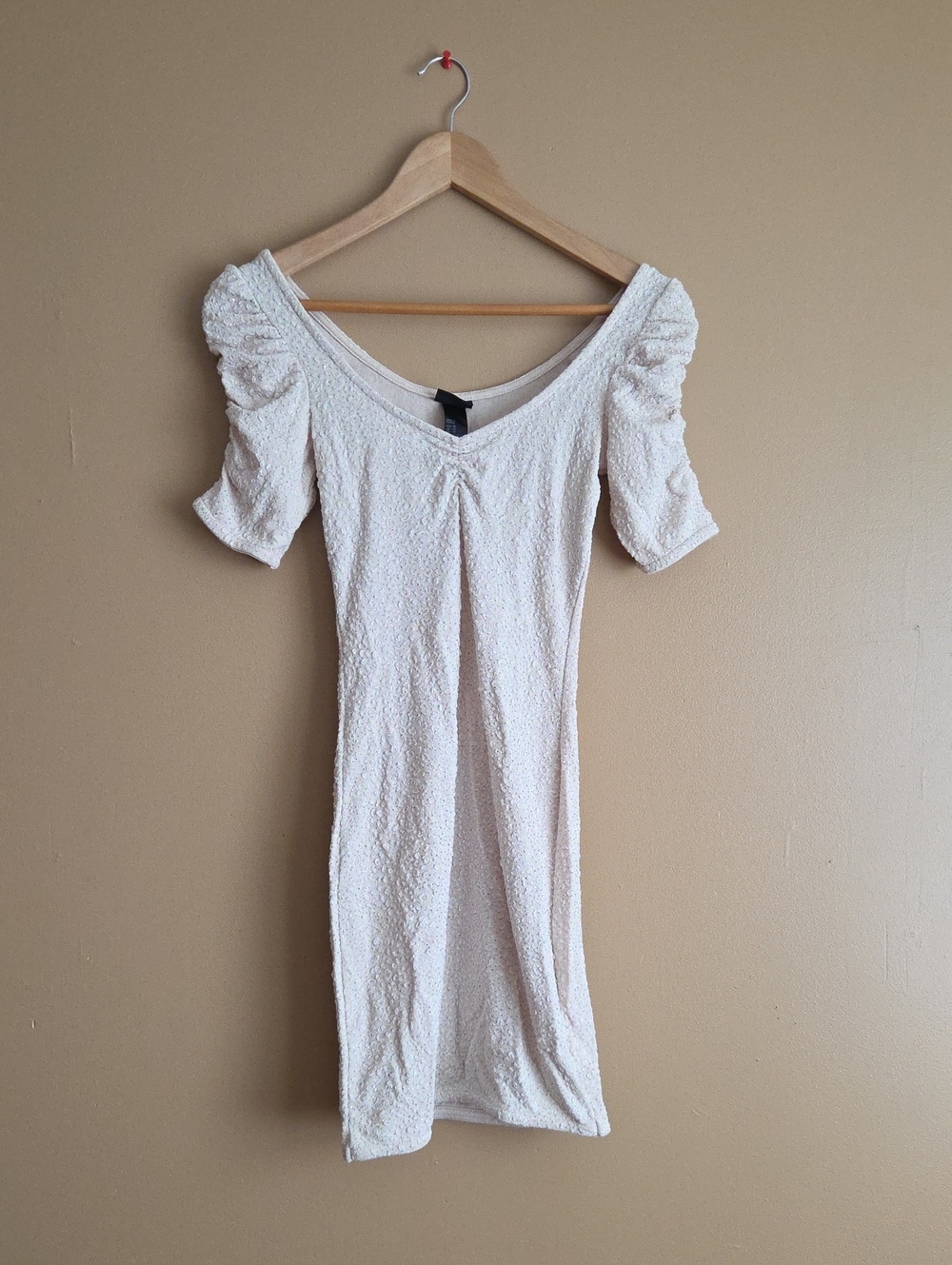 H&M Cream Bodycon Dress with Ruched Sleeves